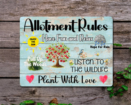 Garden Metal Sign Gift - Allotment Rules - Plant With Love - BLUE WOOD - Cute Fun Novelty Family Aluminium Present