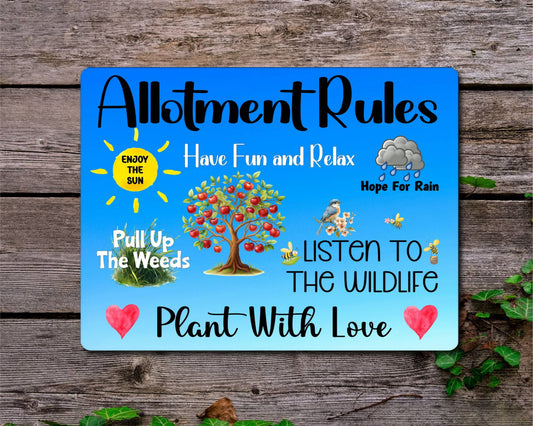 Garden Metal Sign Gift - Allotment Rules - Plant With Love - BLUE - Cute Fun Novelty Family Aluminium Present