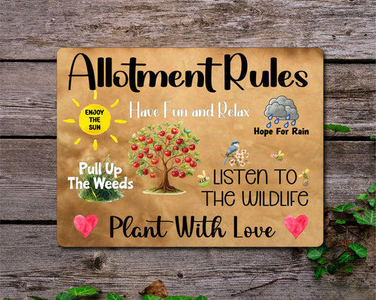 Garden Metal Sign Gift - Allotment Rules - Plant With Love - Brown - Cute Fun Novelty Family Aluminium Present (Copy)
