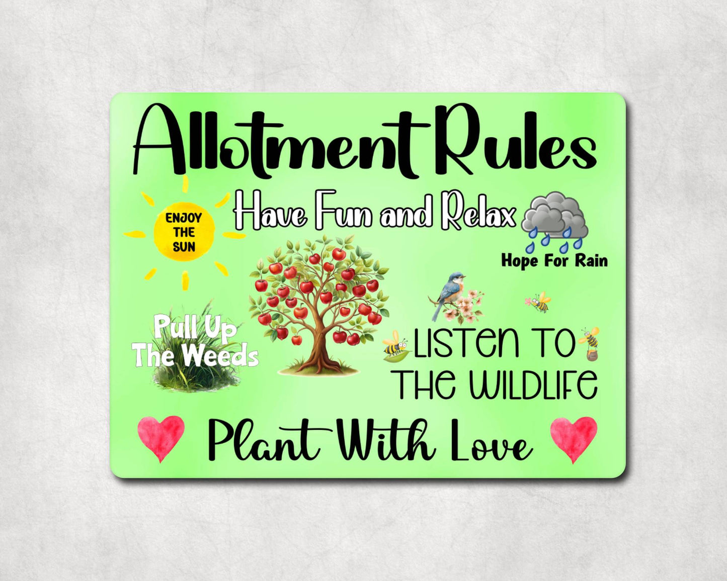 Garden Metal Sign Gift - Allotment Rules - Plant With Love - Green - Cute Fun Novelty Family Aluminium Present