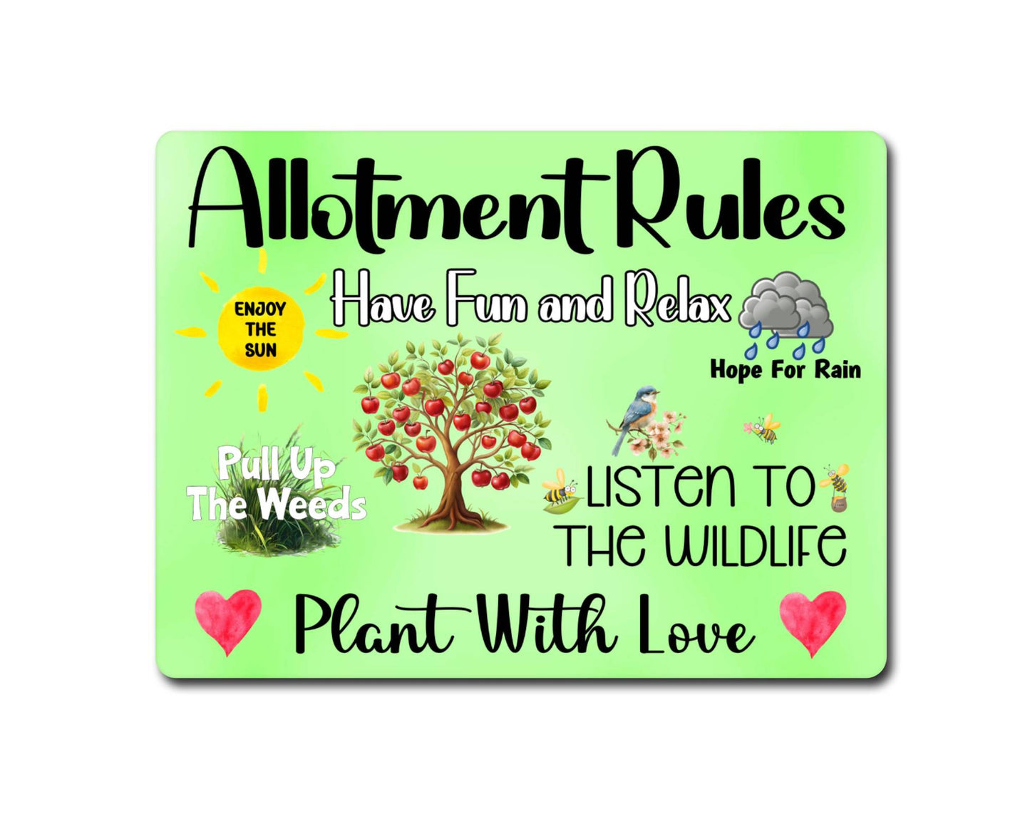 Garden Metal Sign Gift - Allotment Rules - Plant With Love - Green - Cute Fun Novelty Family Aluminium Present