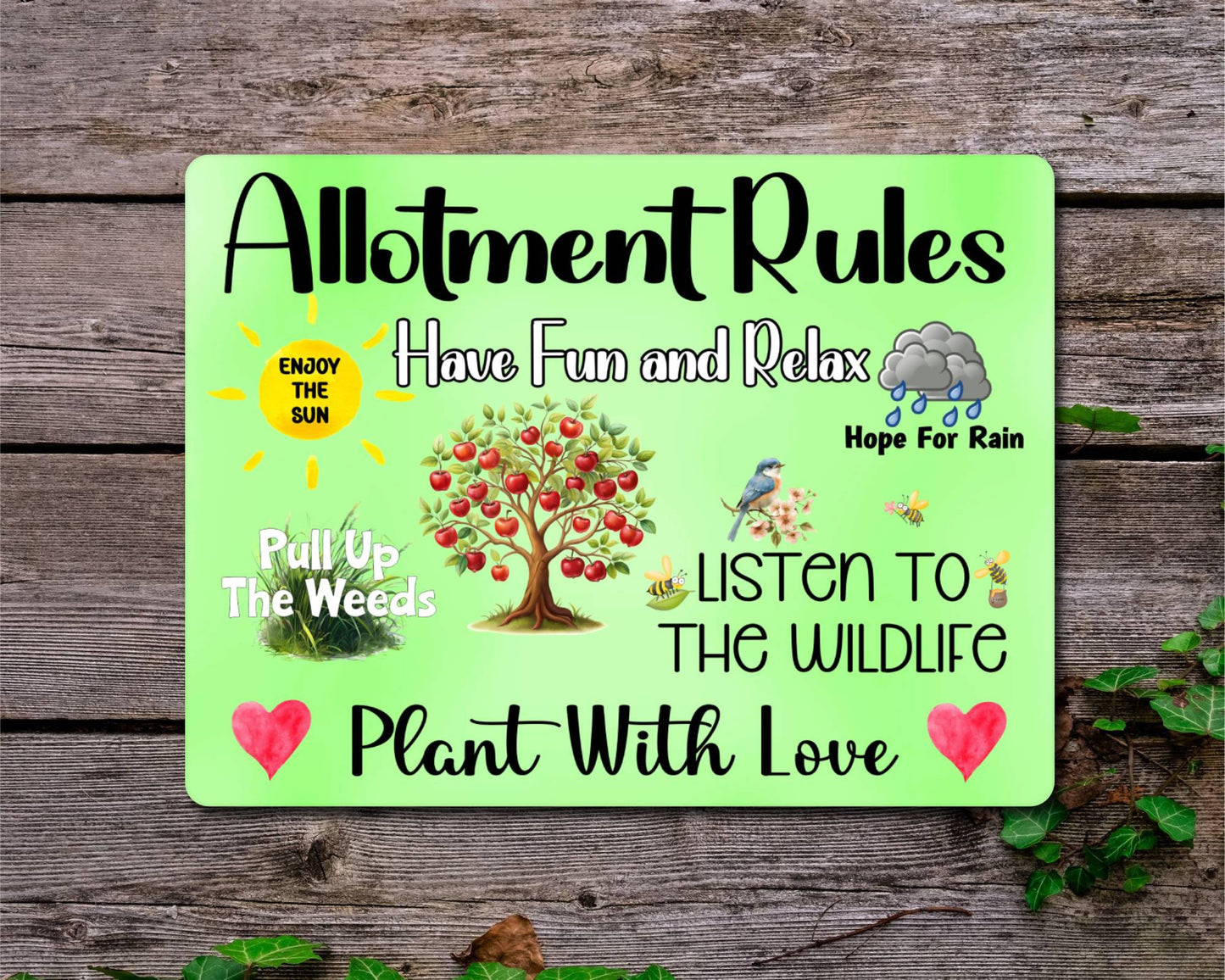 Garden Metal Sign Gift - Allotment Rules - Plant With Love - Green - Cute Fun Novelty Family Aluminium Present