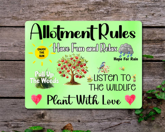 Garden Metal Sign Gift - Allotment Rules - Plant With Love - Green - Cute Fun Novelty Family Aluminium Present