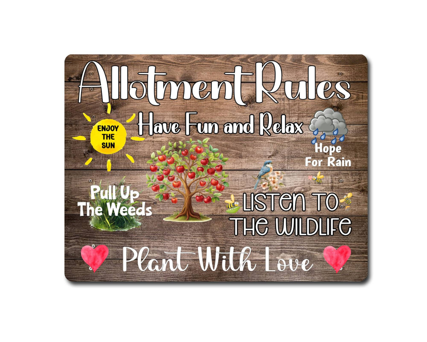 Garden Metal Sign Gift - Allotment Rules - Plant With Love - Wood - Cute Fun Novelty Family Aluminium Present