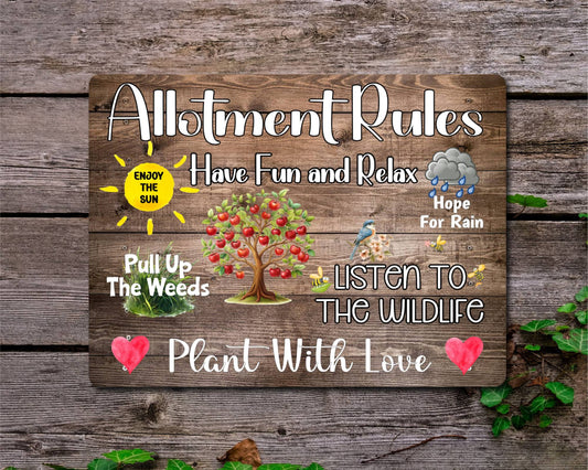 Garden Metal Sign Gift - Allotment Rules - Plant With Love - Wood - Cute Fun Novelty Family Aluminium Present