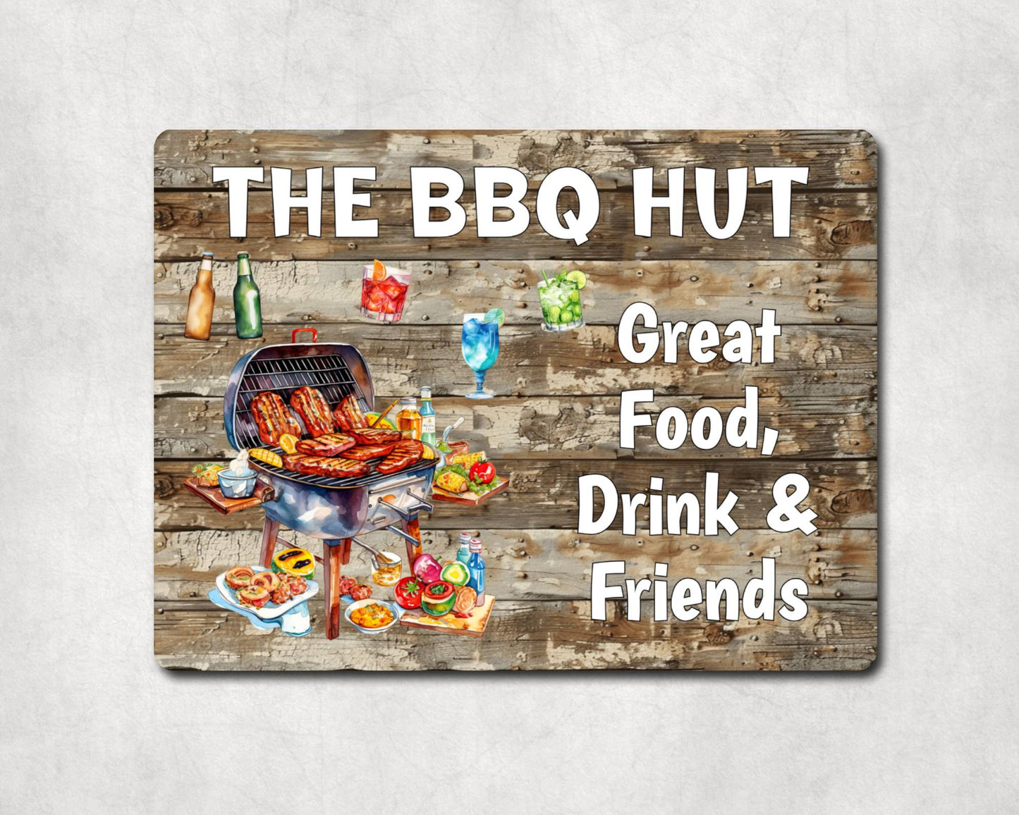 Garden Food Metal Sign Gift - The BBQ Hut - Great Food Drink & Friends - Cute Fun Novelty Family Drink Aluminium Present