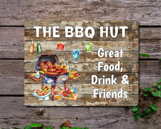 Garden Food Metal Sign Gift - The BBQ Hut - Great Food Drink & Friends - Cute Fun Novelty Family Drink Aluminium Present