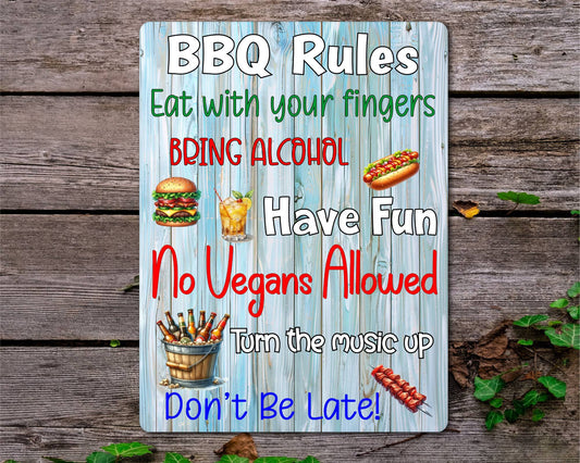 Garden Food Metal Sign Gift - BBQ Rules - Bring Alcohol - Cute Fun Novelty Family Drink Aluminium Present