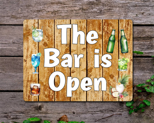 Garden Alcohol Metal Sign Gift - The Bar Is Open - Cute Fun Novelty Family Aluminium Present