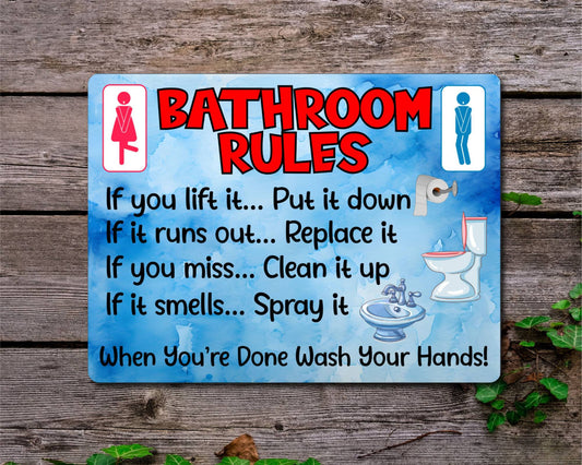 Bathroom Metal Sign Gift - Bathroom Rules - If You Lift It Put It Down - Blue - Cute Fun Novelty Aluminium Present