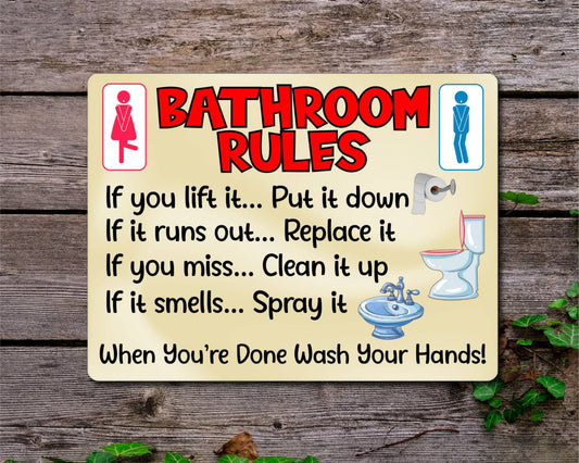 Bathroom Metal Sign Gift - Bathroom Rules - If You Lift It Put It Down - Cream - Cute Fun Novelty Aluminium Present