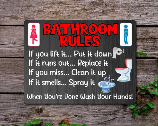 Bathroom Metal Sign Gift - Bathroom Rules - If You Lift It Put It Down - Dark Grey - Cute Fun Novelty Aluminium Present