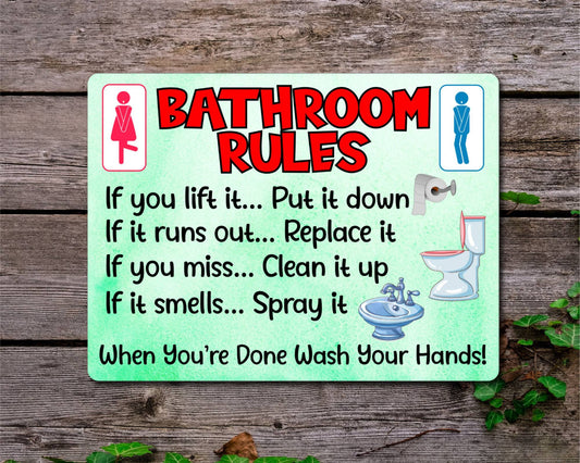 Bathroom Metal Sign Gift - Bathroom Rules - If You Lift It Put It Down - Green - Cute Fun Novelty Aluminium Present