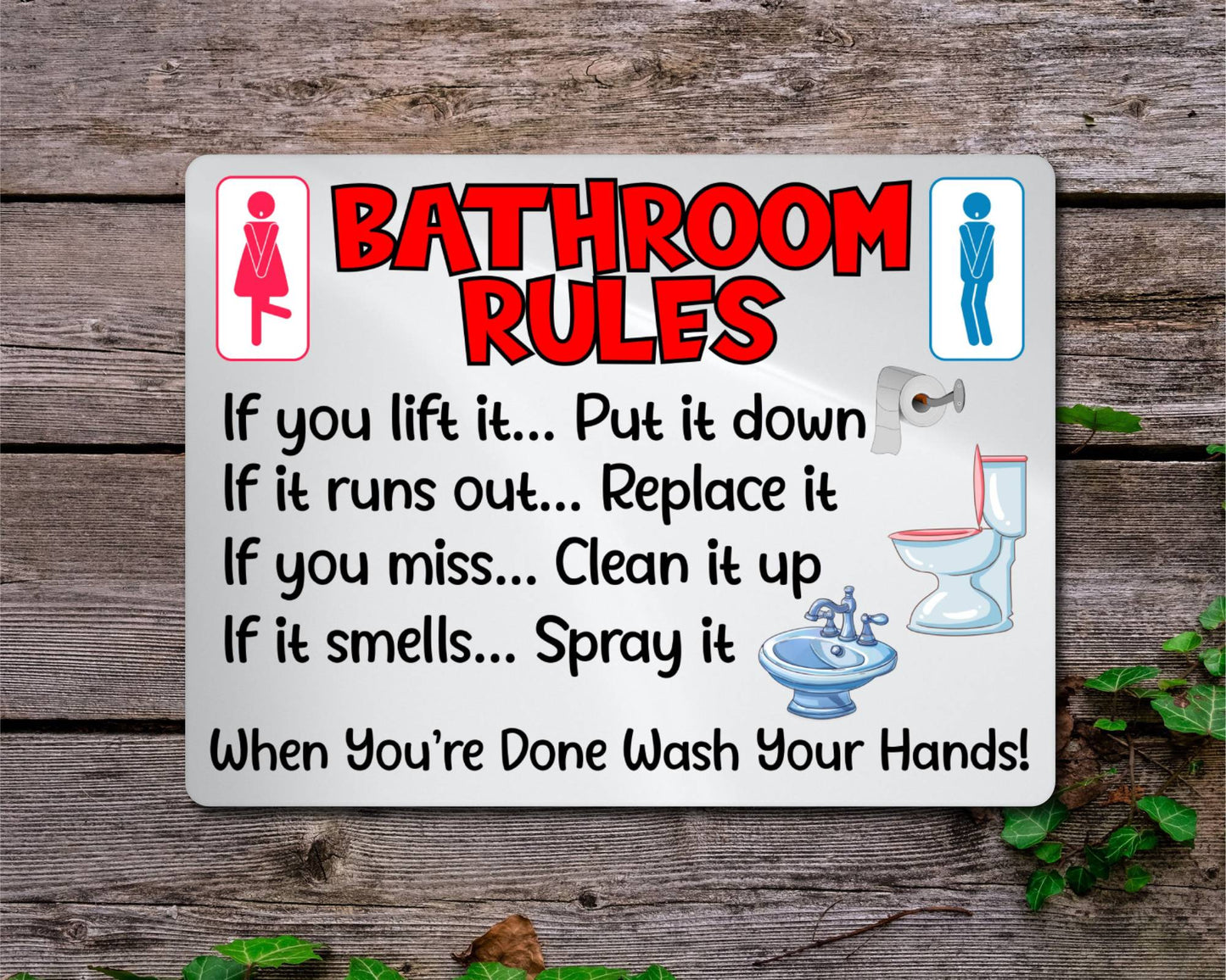 Bathroom Metal Sign Gift - Bathroom Rules - If You Lift It Put It Down - Light Grey - Cute Fun Novelty Aluminium Present