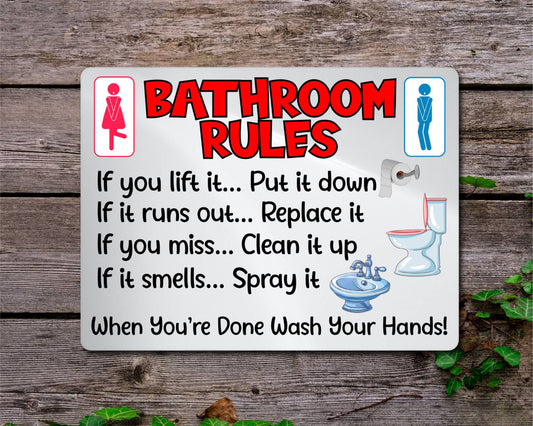 Bathroom Metal Sign Gift - Bathroom Rules - If You Lift It Put It Down - Light Grey - Cute Fun Novelty Aluminium Present