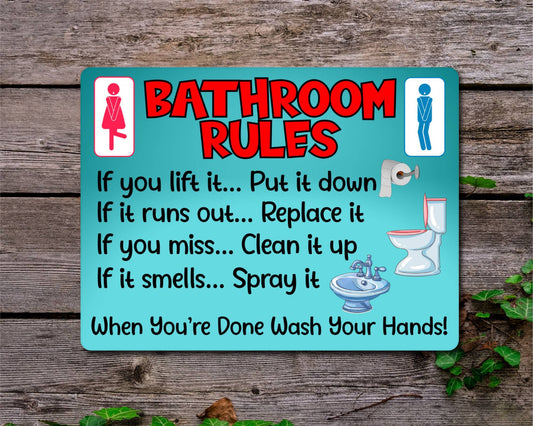 Bathroom Metal Sign Gift - Bathroom Rules - If You Lift It Put It Down - Turquoise - Cute Fun Novelty Aluminium Present