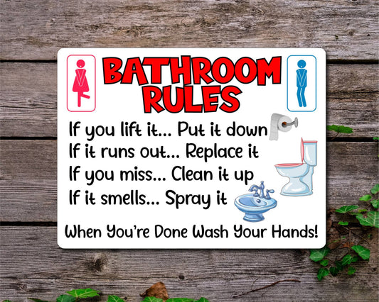 Bathroom Metal Sign Gift - Bathroom Rules - If You Lift It Put It Down - White - Cute Fun Novelty Aluminium Present