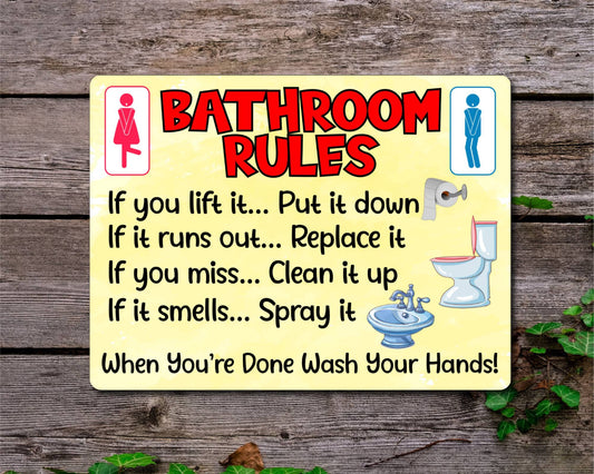 Bathroom Metal Sign Gift - Bathroom Rules - If You Lift It Put It Down - Yellow - Cute Fun Novelty Aluminium Present