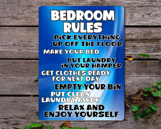 Bedroom Metal Sign Gift - Bedroom Rules - Relax And Enjoy Yourself - Blue - Cute Fun Novelty Aluminium Present