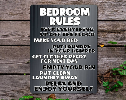 Bedroom Metal Sign Gift - Bedroom Rules - Relax And Enjoy Yourself - Grey - Cute Fun Novelty Aluminium Present