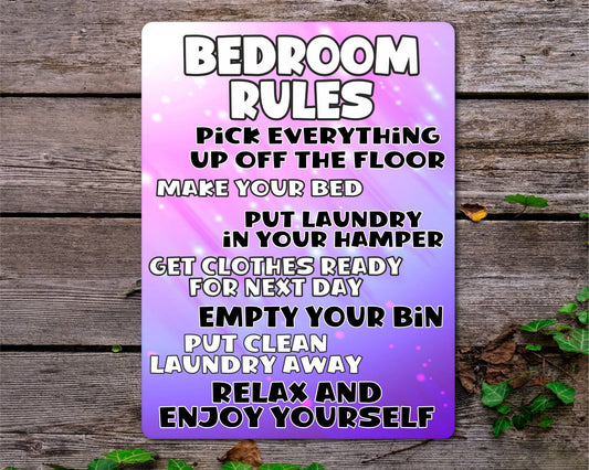 Bedroom Metal Sign Gift - Bedroom Rules - Relax And Enjoy Yourself - Pink - Cute Fun Novelty Aluminium Present