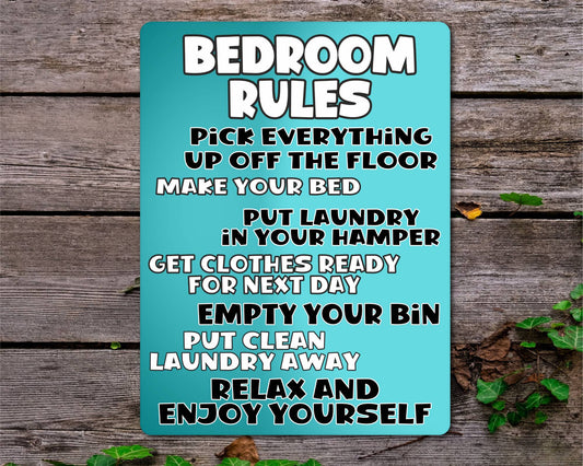 Bedroom Metal Sign Gift - Bedroom Rules - Relax And Enjoy Yourself - Turquoise - Cute Fun Novelty Aluminium Present