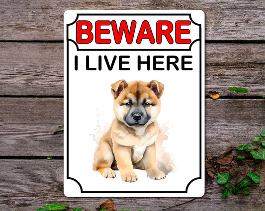Akita Metal Sign Gift - Beware I Live Here - Cute Fun Novelty Animal Aluminium Present
