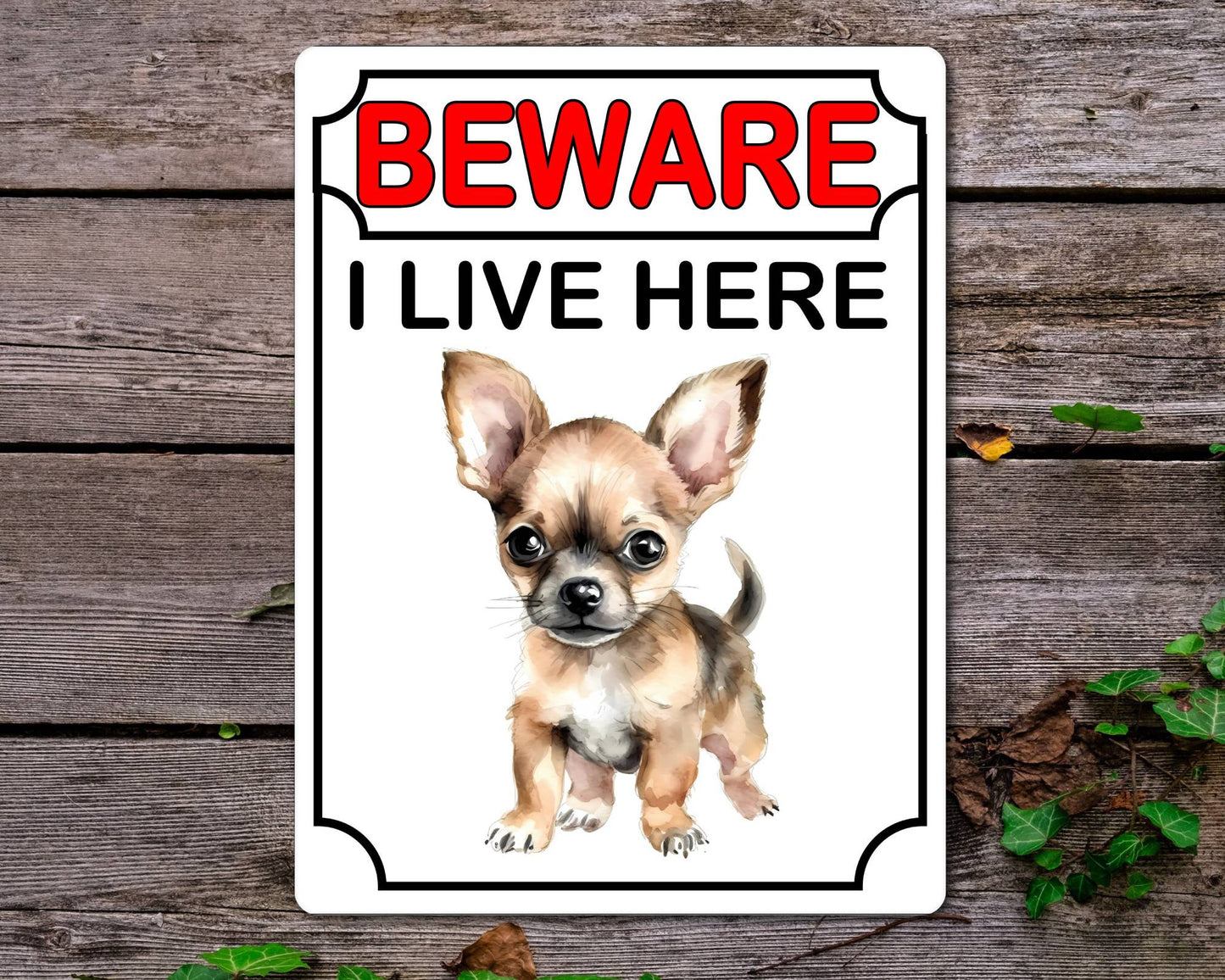 Chihuahua Metal Sign Gift - Beware I Live Here - Cute Fun Novelty Animal Aluminium Present