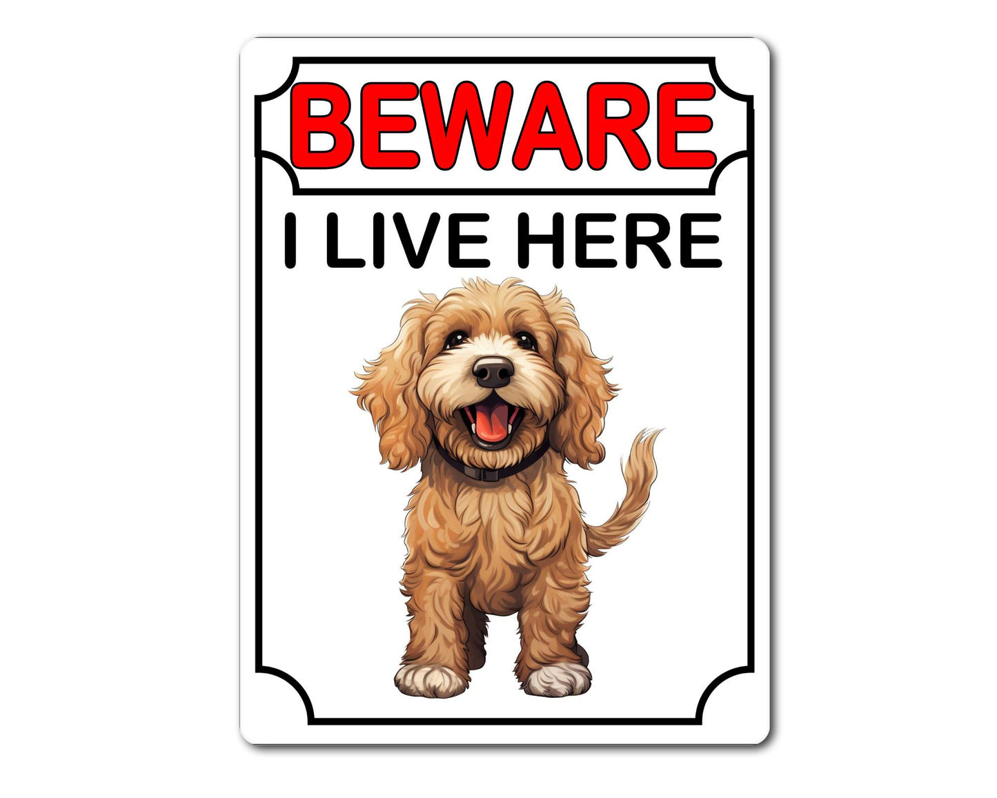 Cockapoo Metal Sign Gift - Beware I Live Here - Cute Fun Novelty Animal Aluminium Present
