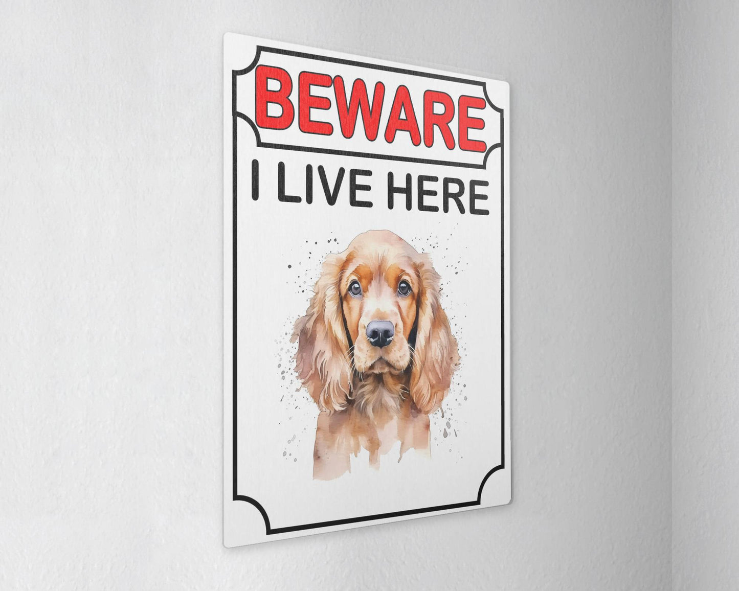 Cocker Spaniel Metal Sign Gift - Beware I Live Here - Cute Fun Novelty Animal Aluminium Present