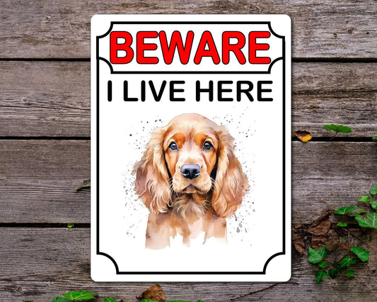 Cocker Spaniel Metal Sign Gift - Beware I Live Here - Cute Fun Novelty Animal Aluminium Present