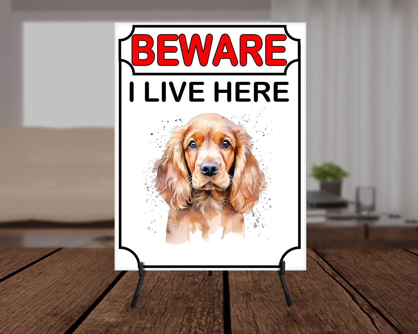 Cocker Spaniel Metal Sign Gift - Beware I Live Here - Cute Fun Novelty Animal Aluminium Present