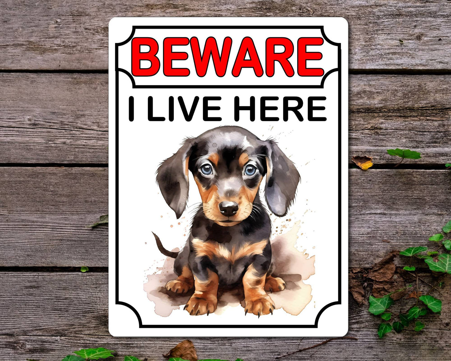 Dachshund Metal Sign Gift - Beware I Live Here - Cute Fun Novelty Animal Aluminium Present