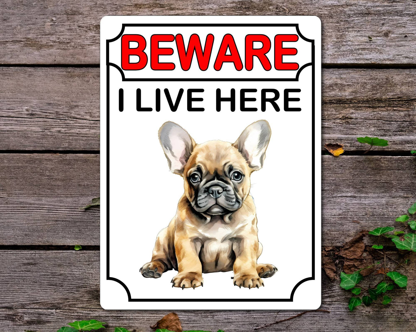 French Bulldog Metal Sign Gift - Beware I Live Here - Cute Fun Novelty Animal Aluminium Present