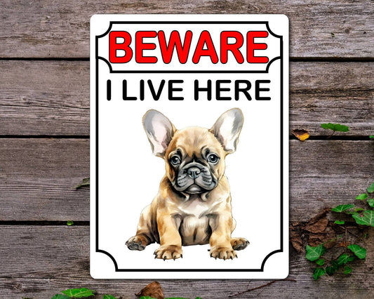 French Bulldog Metal Sign Gift - Beware I Live Here - Cute Fun Novelty Animal Aluminium Present