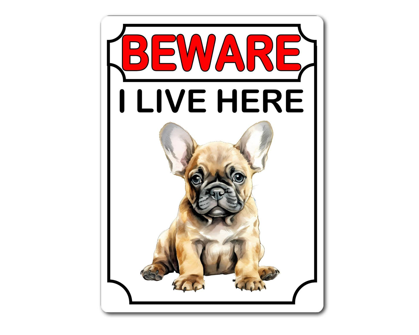 French Bulldog Metal Sign Gift - Beware I Live Here - Cute Fun Novelty Animal Aluminium Present