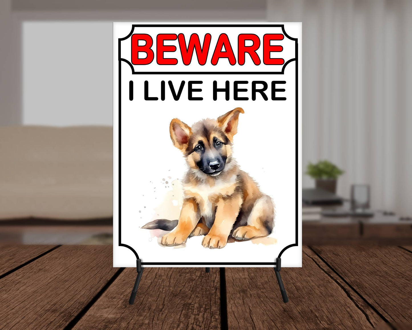 German Shepherd Metal Sign Gift - Beware I Live Here - Cute Fun Novelty Animal Aluminium Present