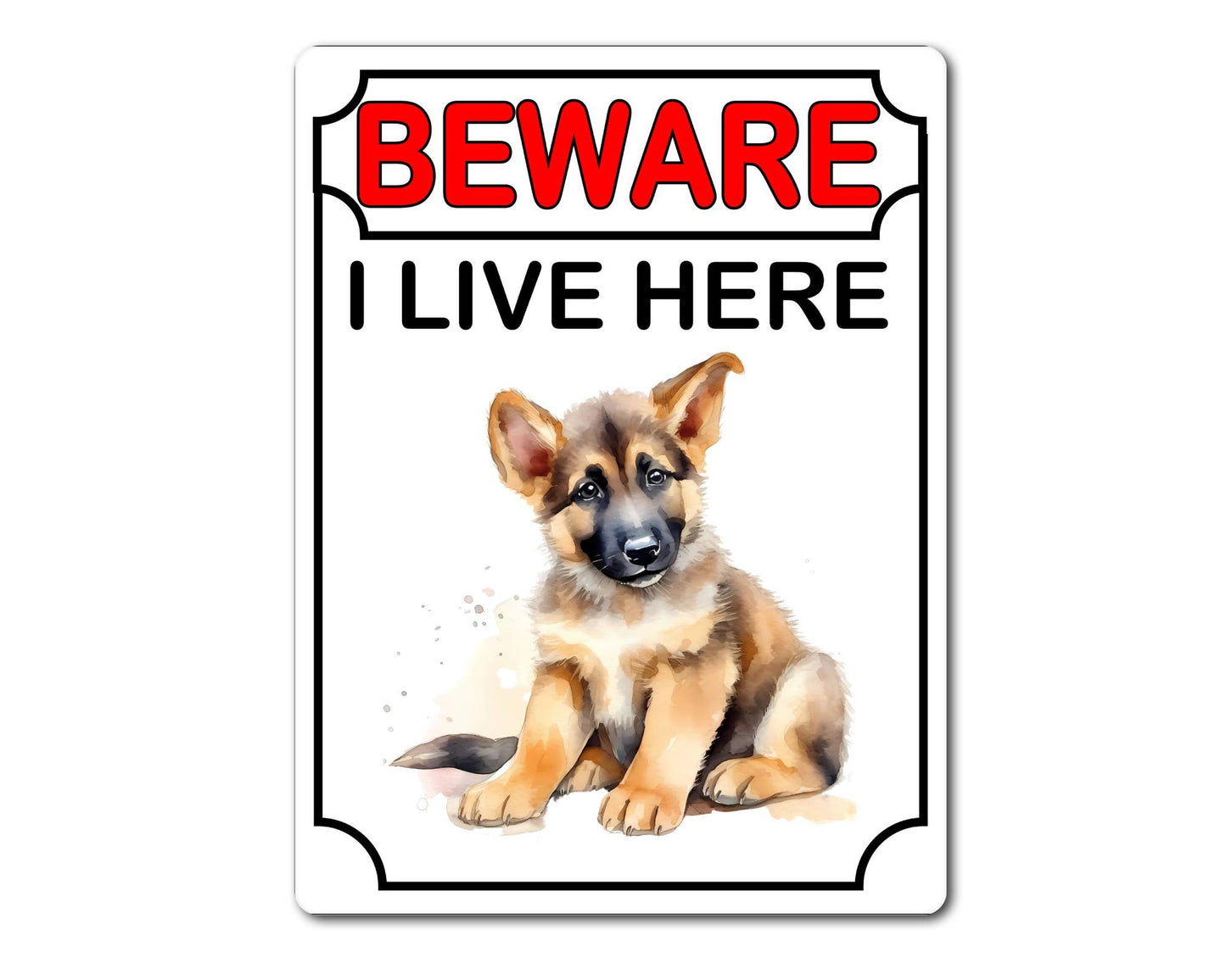 German Shepherd Metal Sign Gift - Beware I Live Here - Cute Fun Novelty Animal Aluminium Present