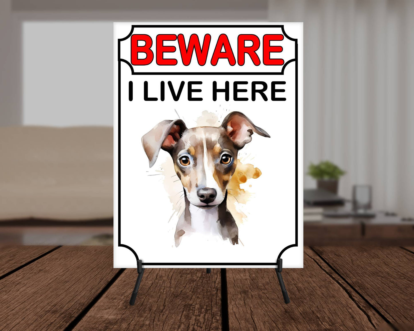 Greyhound Metal Sign Gift - Beware I Live Here - Cute Fun Novelty Animal Aluminium Present