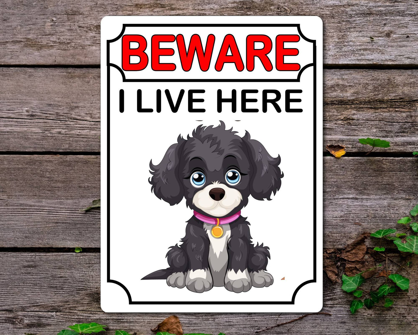 Jackapoo Metal Sign Gift - Beware I Live Here - Cute Fun Novelty Animal Aluminium Present