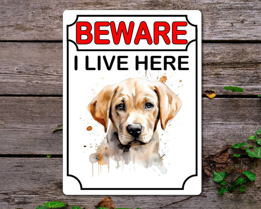 Labrador Metal Sign Gift - Beware I Live Here - Cute Fun Novelty Animal Aluminium Present