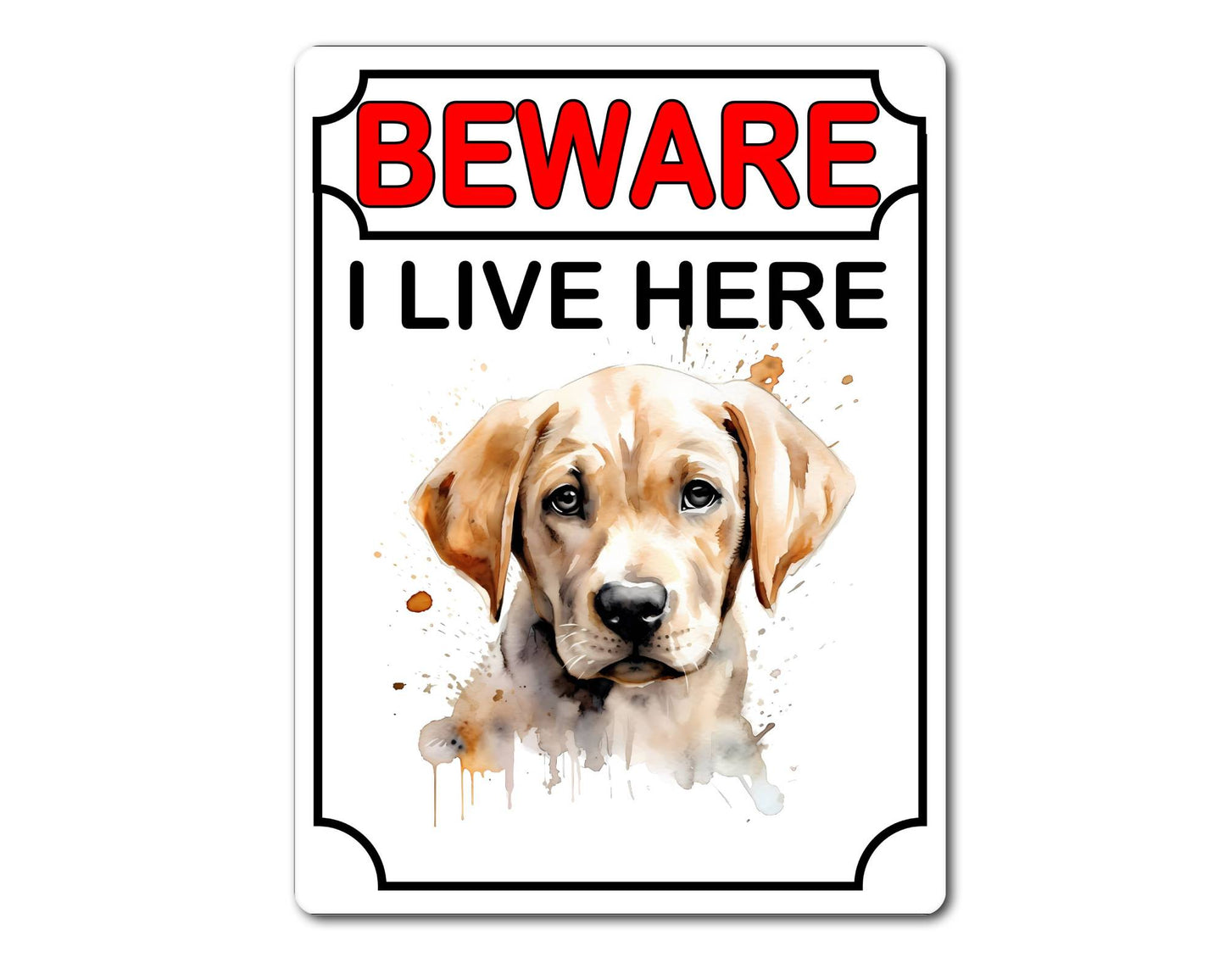 Labrador Metal Sign Gift - Beware I Live Here - Cute Fun Novelty Animal Aluminium Present