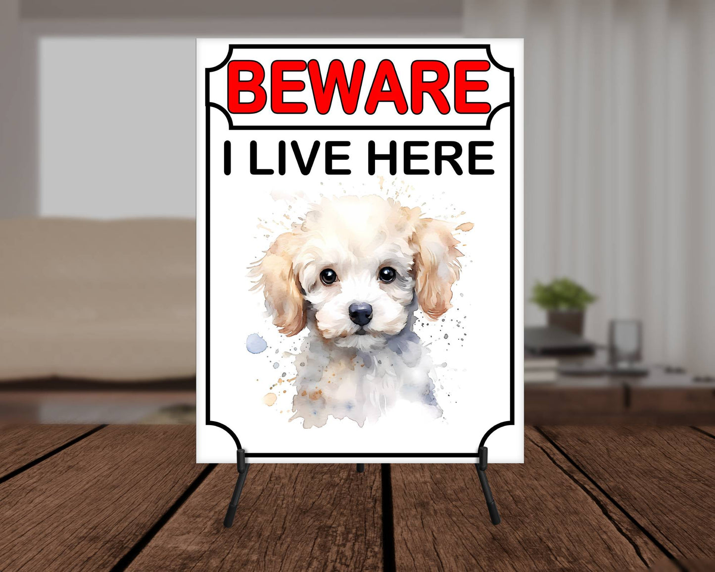 Poodle Metal Sign Gift - Beware I Live Here - Cute Fun Novelty Animal Aluminium Present