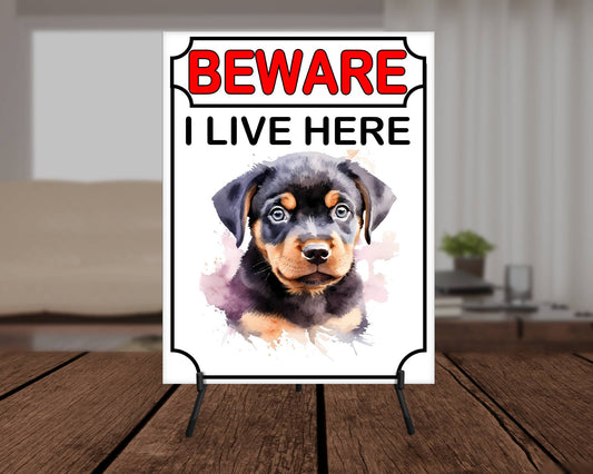 Rottweiler Metal Sign Gift - Beware I Live Here - Cute Fun Novelty Animal Aluminium Present