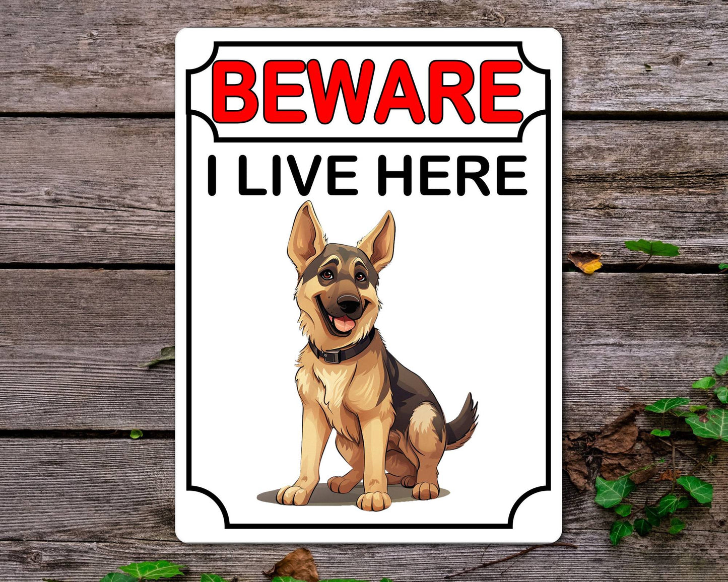 Alsatian Metal Sign Gift - Beware I Live Here - Cute Fun Novelty Animal Aluminium Present