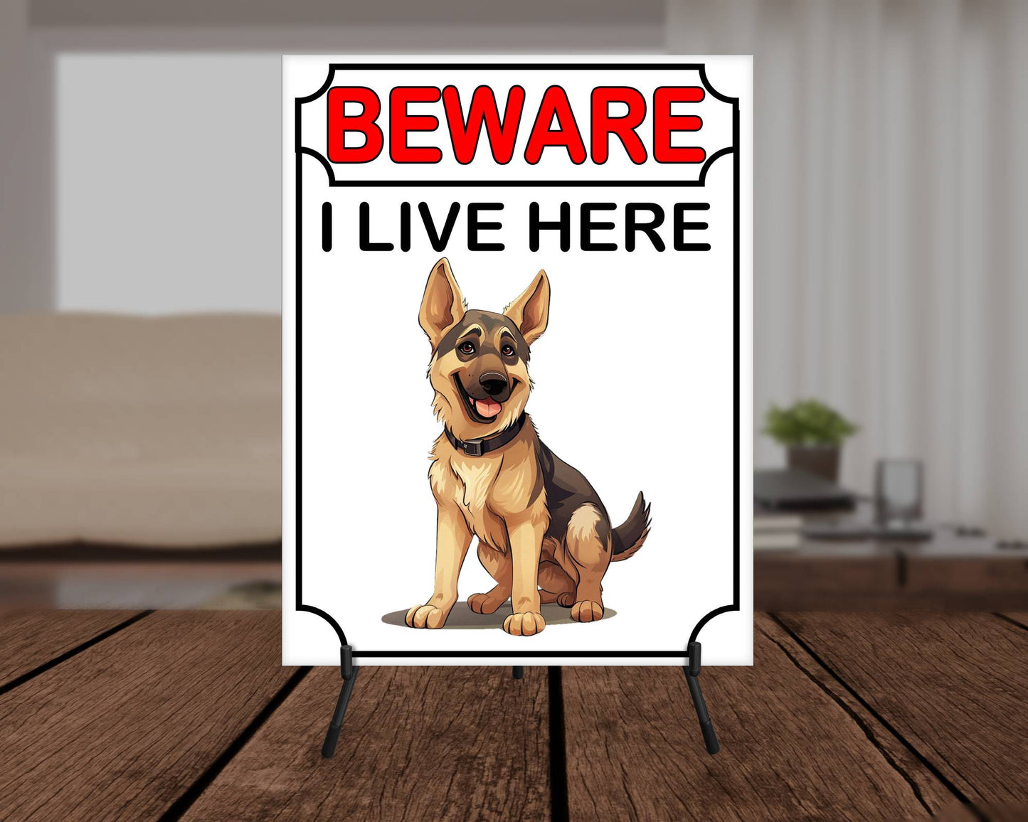 Alsatian Metal Sign Gift - Beware I Live Here - Cute Fun Novelty Animal Aluminium Present