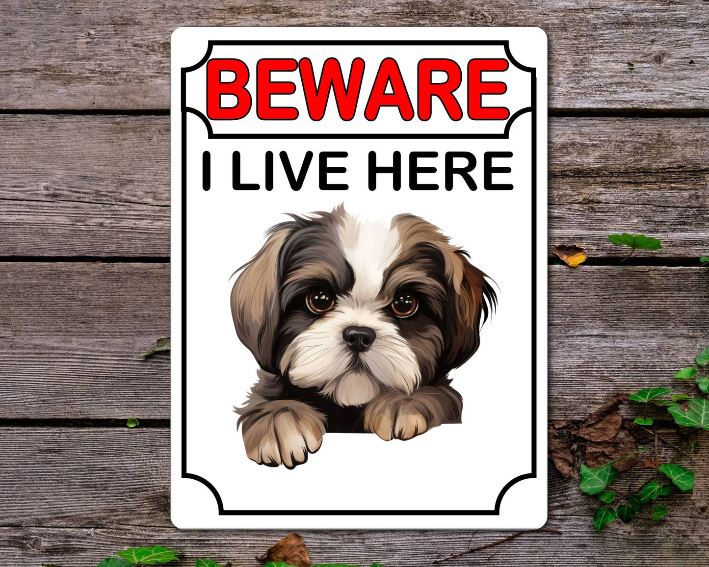 Shih Tzu Metal Sign Gift - Beware I Live Here - Cute Fun Novelty Animal Aluminium Present
