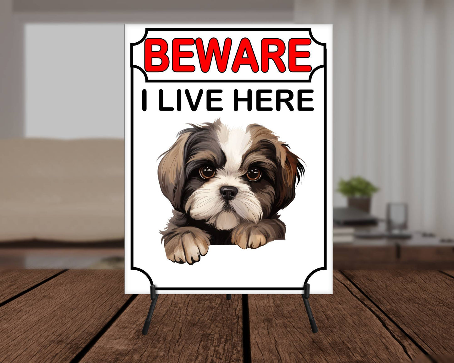 Shih Tzu Metal Sign Gift - Beware I Live Here - Cute Fun Novelty Animal Aluminium Present