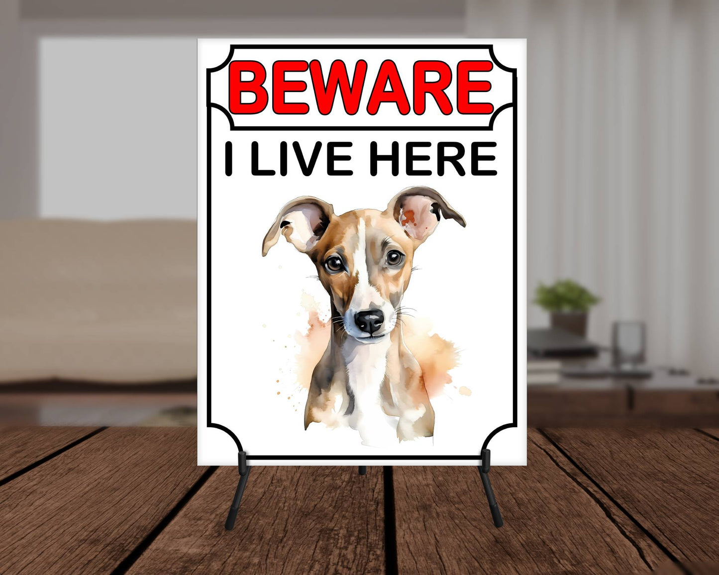 Whippet Metal Sign Gift - Beware I Live Here - Cute Fun Novelty Animal Aluminium Present