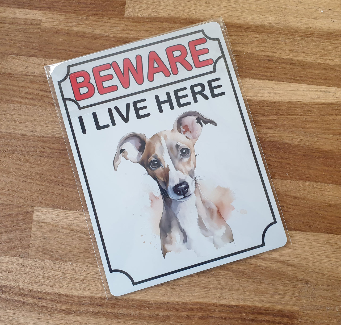Whippet Metal Sign Gift - Beware I Live Here - Cute Fun Novelty Animal Aluminium Present